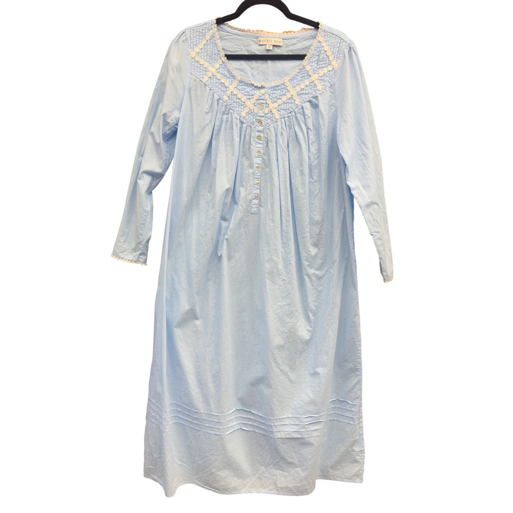 Eileen West Blue Cotton Lace Yoke Long Nightgown E5519842 Medium